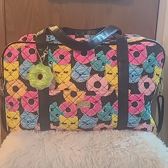 Betsey Johnson Weekender Bag: Donut+ Cat Design with Black Background. - Picture 2 of 12
